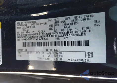 2021 Ford Bronco Outer Banks z USA, uszkodzony, nr VIN 1FMDE5BH1MLA88205